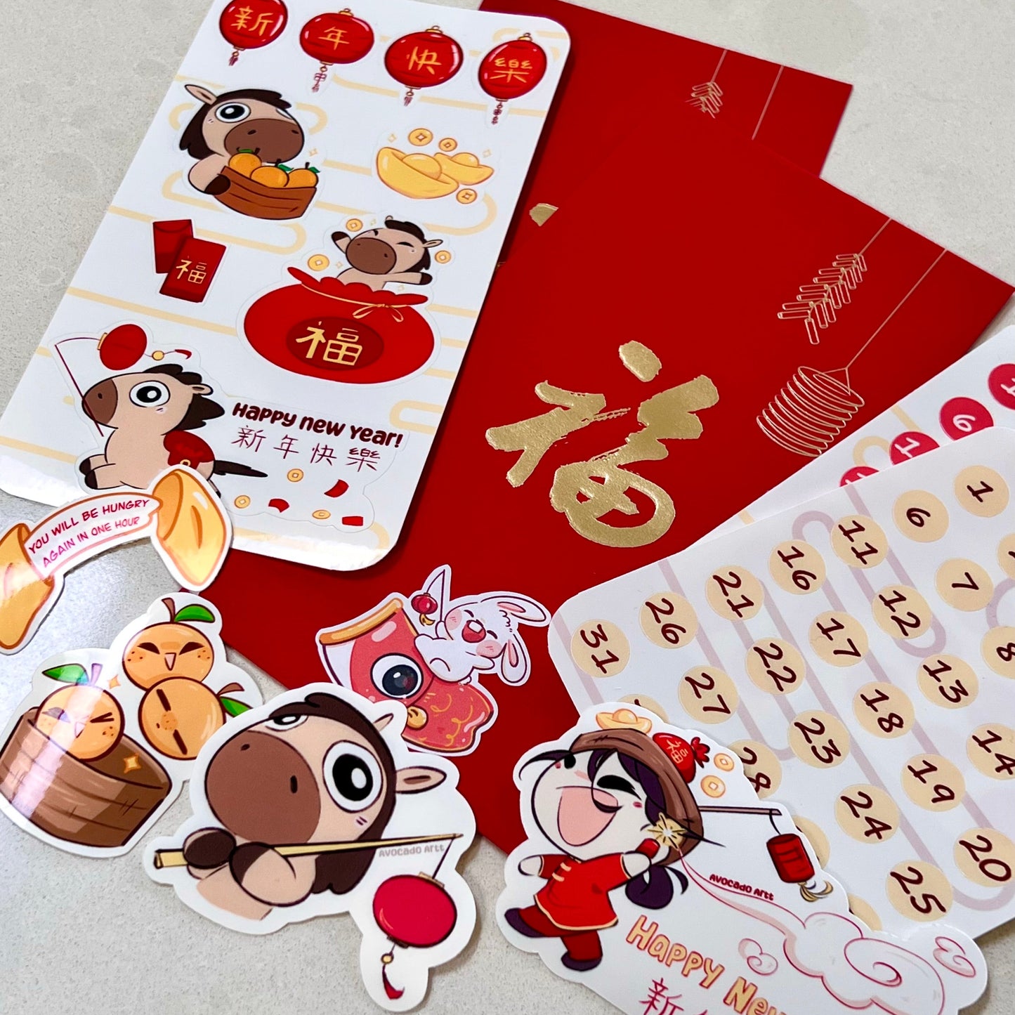Set of Chinese New Year-themed stickers and red envelopes on a light gray background