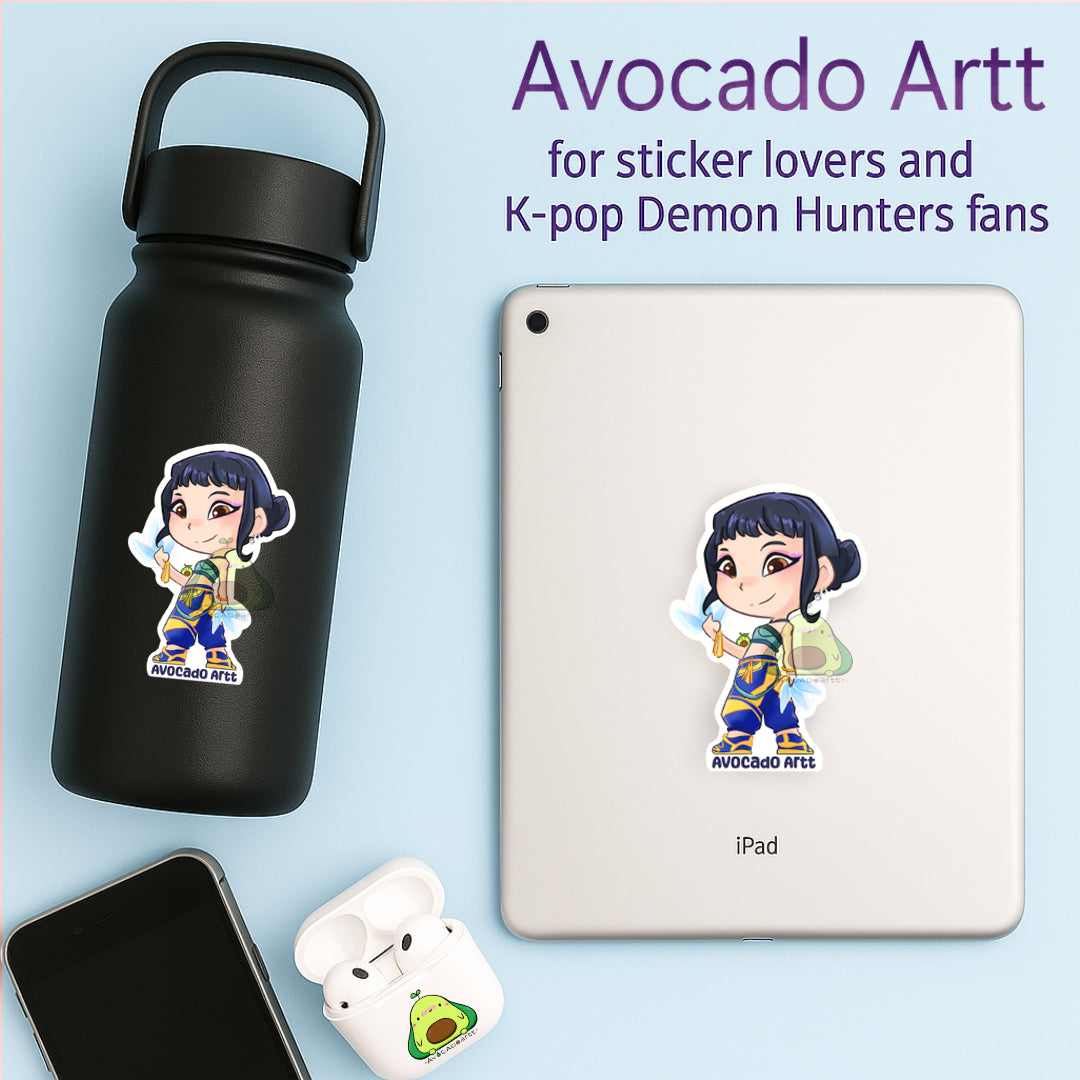 Handmade vinyl sticker of Zoey from K-Pop Demon Hunters, illustrated by Avocado Artt, featuring Zoey in a confident idol pose with detailed outfit and attitude