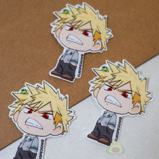 Handmade vinyl sticker of Bakugo from My Hero Academia, illustrated by Avocado Artt in an explosive pose with dynamic expression.