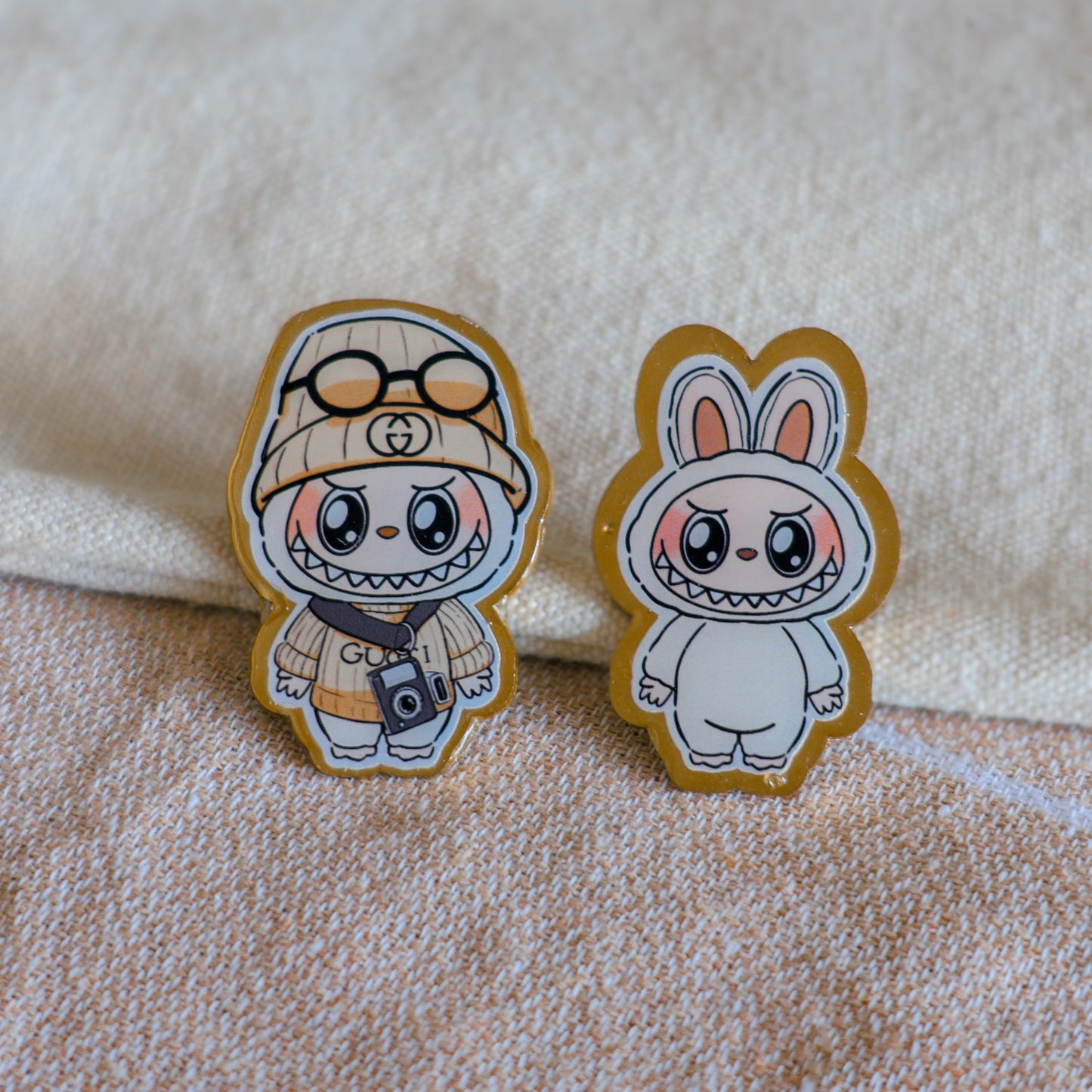 Handmade Labubu pin with gold butterfly clasp, featuring a cute character design, perfect for accessorizing bags, jackets, or ita bags. Created by Avocado Artt.