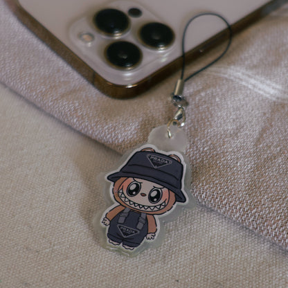 Handmade Labubu phone charm with Silver hardware, featuring a cute character design, perfect for accessorizing phones, bags, or keyrings. Designed by Avocado Artt