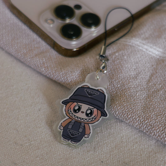 Handmade Labubu phone charm with Silver hardware, featuring a cute character design, perfect for accessorizing phones, bags, or keyrings. Designed by Avocado Artt