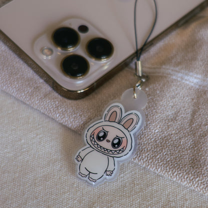 Handmade Labubu phone charm with Silver hardware, featuring a cute character design, perfect for accessorizing phones, bags, or keyrings. Designed by Avocado Artt