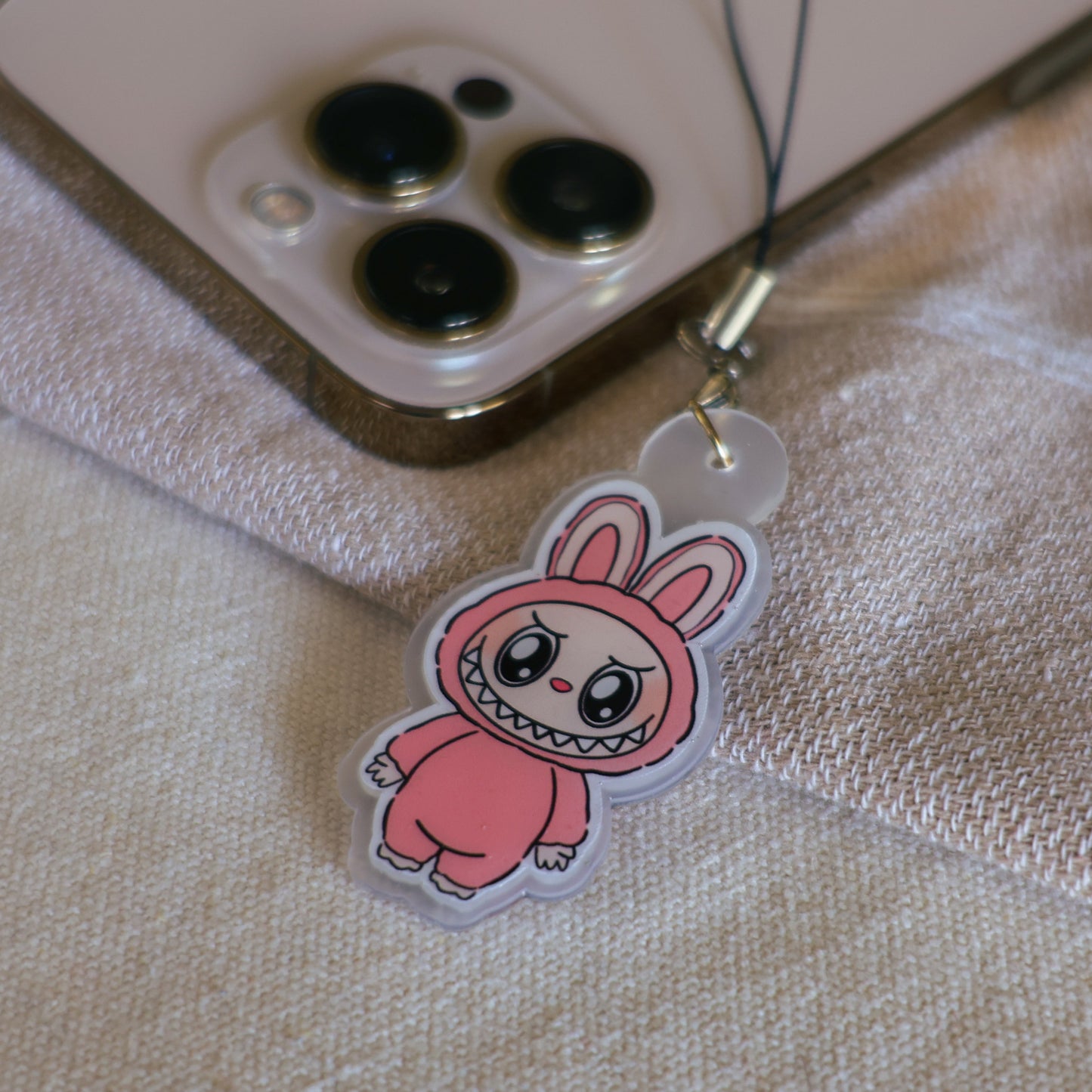 Handmade Labubu phone charm with Silver hardware, featuring a cute character design, perfect for accessorizing phones, bags, or keyrings. Designed by Avocado Artt