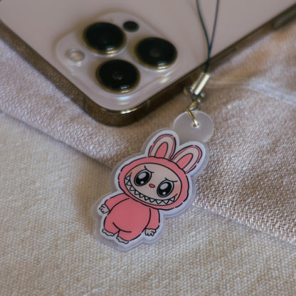 Handmade Labubu phone charm with Silver hardware, featuring a cute character design, perfect for accessorizing phones, bags, or keyrings. Designed by Avocado Artt
