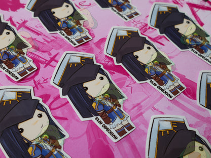 Handmade vinyl sticker of Caitlyn from Arcane, dressed in her signature Piltover enforcer outfit and holding her rifle. Styled in soft, vibrant colors with a matte finish. Made by Avocado Artt