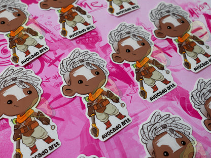 Handmade sticker of Ekko from Arcane, featuring his iconic hairstyle and glowing time device. Stylized in bright colors on Gloss waterproof vinyl. Made by Avocado Artt