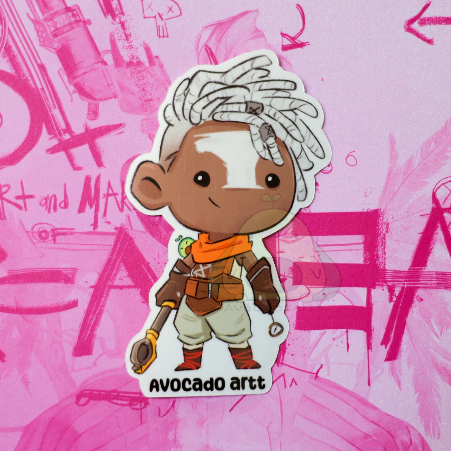 Handmade sticker of Ekko from Arcane, featuring his iconic hairstyle and glowing time device. Stylized in bright colors on Gloss waterproof vinyl. Made by Avocado Artt