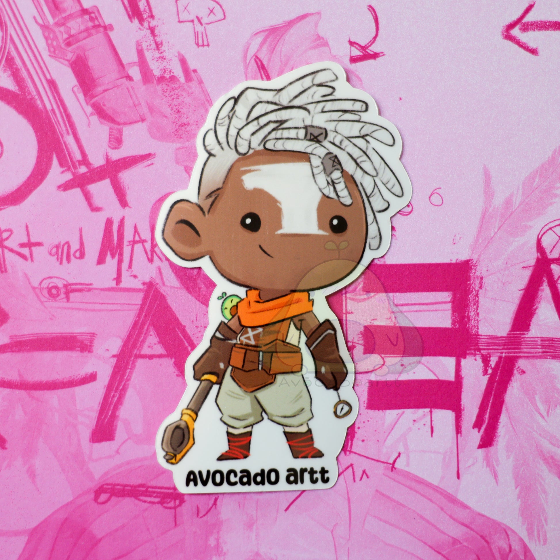 Handmade sticker of Ekko from Arcane, featuring his iconic hairstyle and glowing time device. Stylized in bright colors on Gloss waterproof vinyl. Made by Avocado Artt