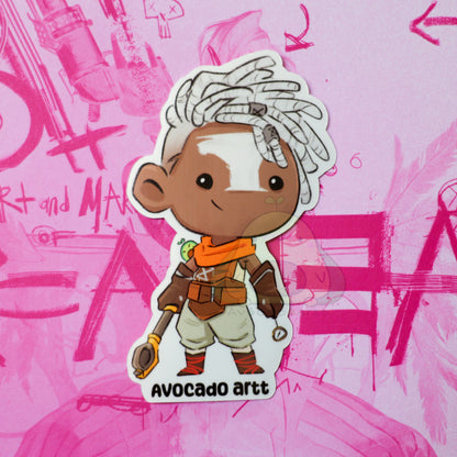 Handmade sticker of Ekko from Arcane, featuring his iconic hairstyle and glowing time device. Stylized in bright colors on Gloss waterproof vinyl. Made by Avocado Artt