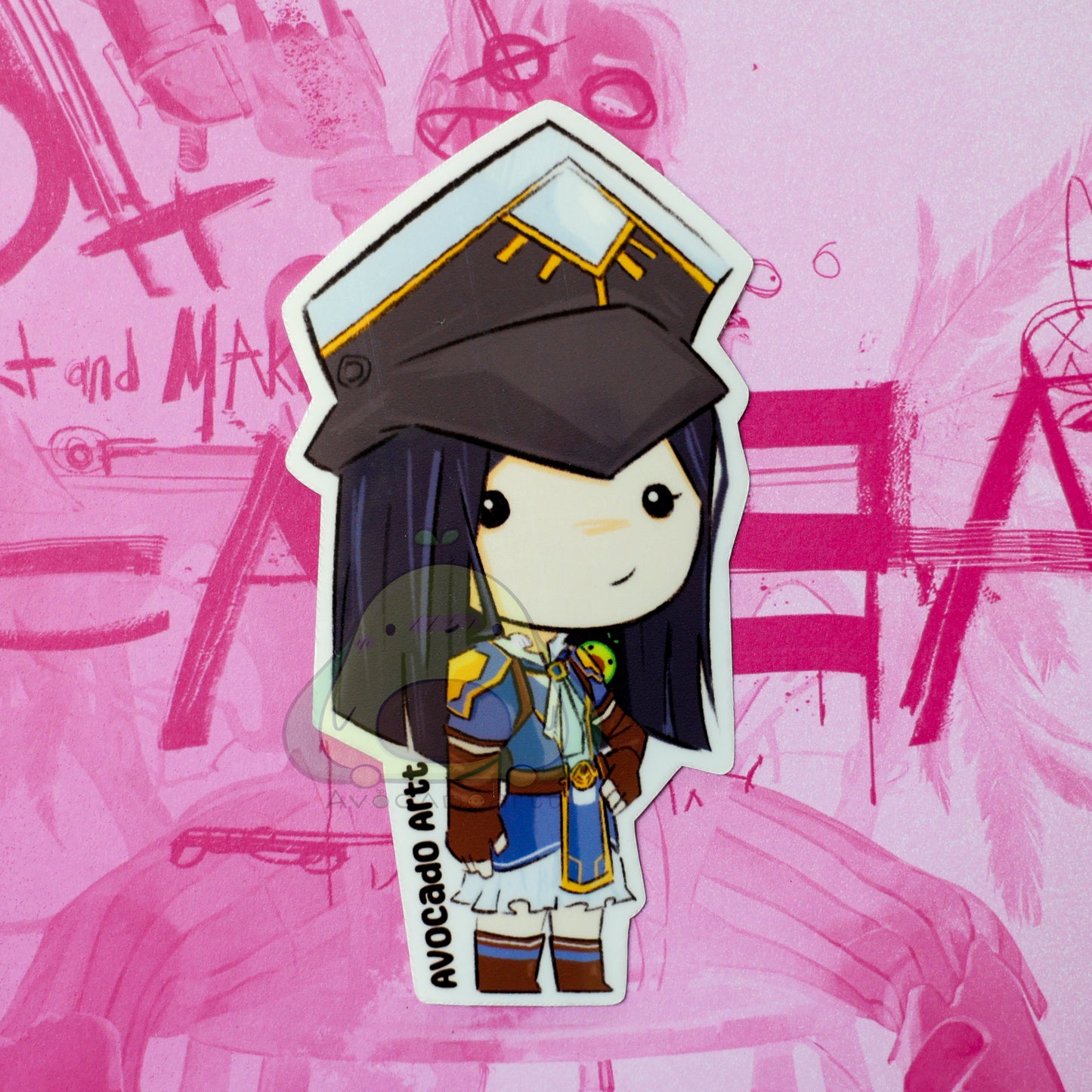 Handmade vinyl sticker of Caitlyn from Arcane, dressed in her signature Piltover enforcer outfit and holding her rifle. Styled in soft, vibrant colors with a matte finish. Made by Avocado Artt