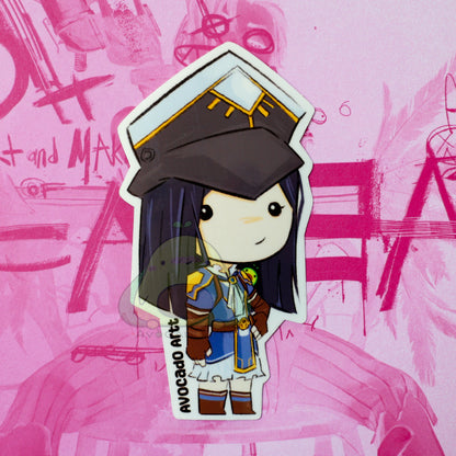 Handmade vinyl sticker of Caitlyn from Arcane, dressed in her signature Piltover enforcer outfit and holding her rifle. Styled in soft, vibrant colors with a matte finish. Made by Avocado Artt