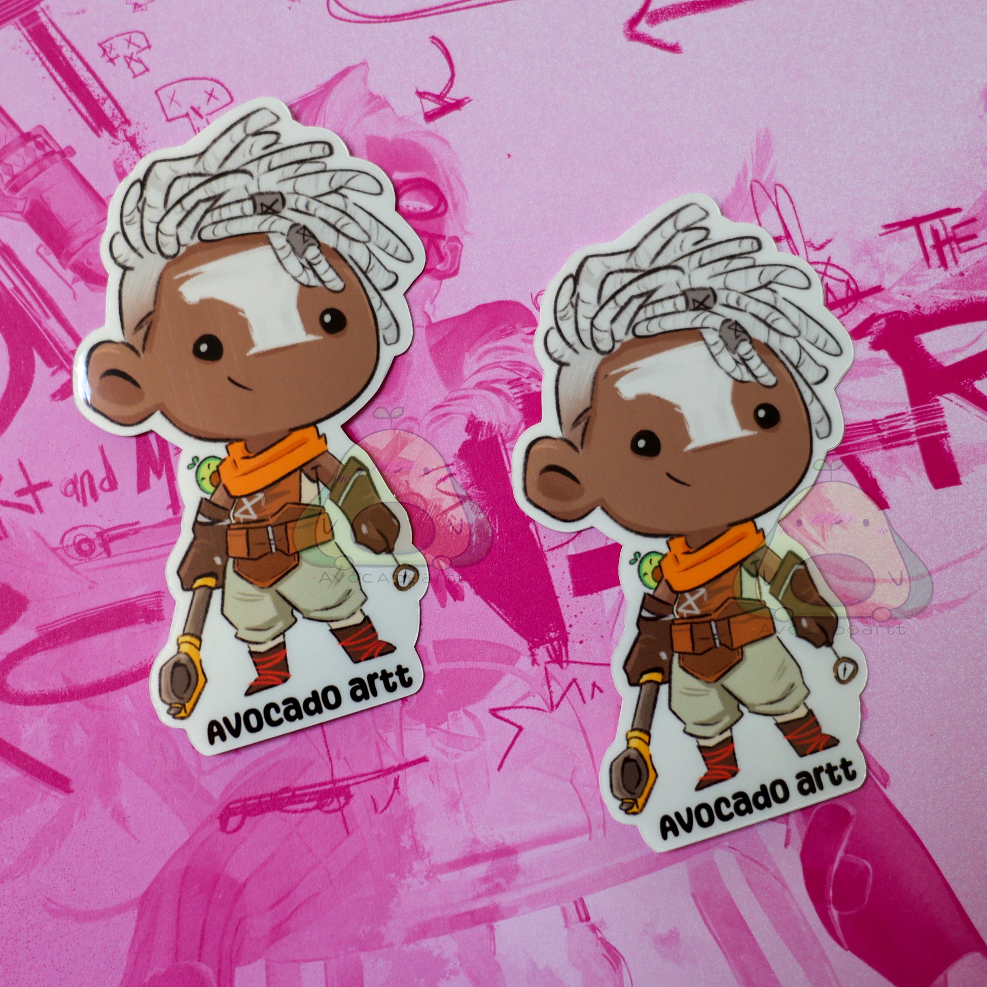 Handmade sticker of Ekko from Arcane, featuring his iconic hairstyle and glowing time device. Stylized in bright colors on Gloss waterproof vinyl. Made by Avocado Artt