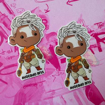 Handmade sticker of Ekko from Arcane, featuring his iconic hairstyle and glowing time device. Stylized in bright colors on Gloss waterproof vinyl. Made by Avocado Artt