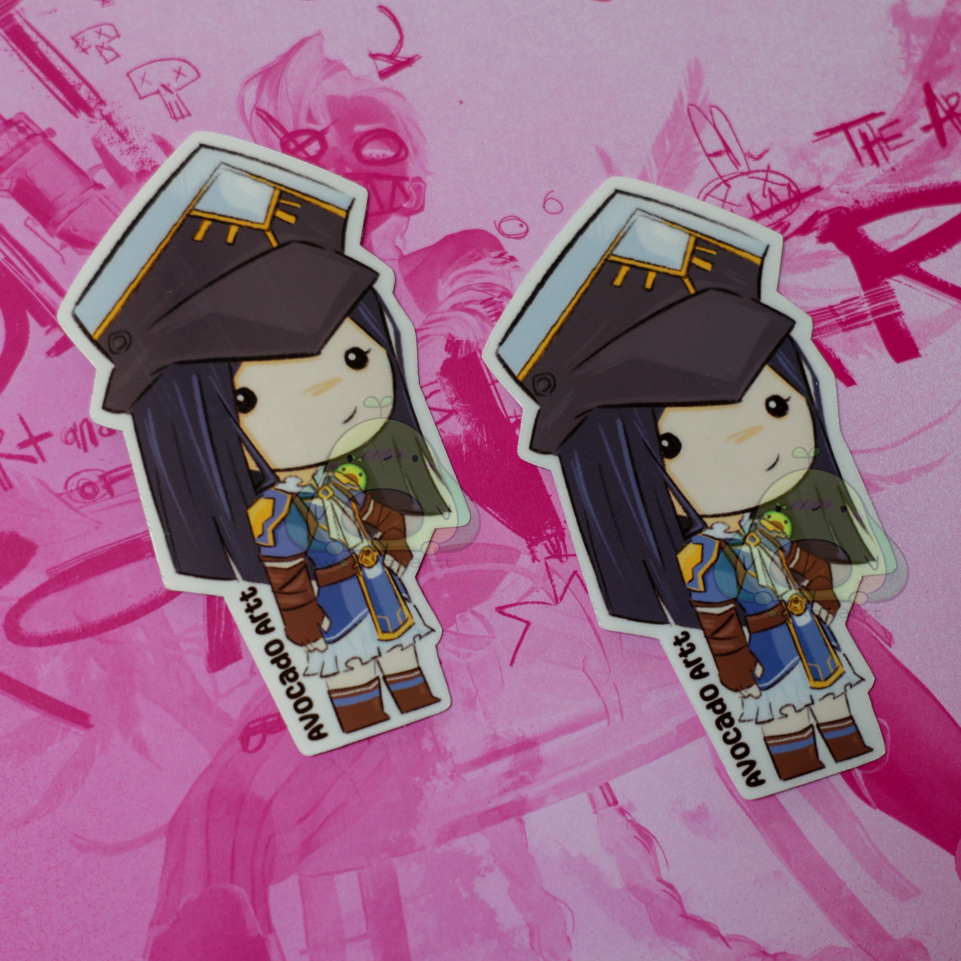 Handmade vinyl sticker of Caitlyn from Arcane, dressed in her signature Piltover enforcer outfit and holding her rifle. Styled in soft, vibrant colors with a matte finish. Made by Avocado Artt