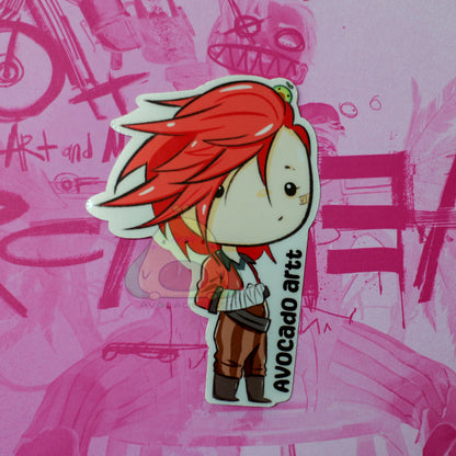 Illustrated sticker of Vi from Arcane, with a bold, fierce pose and vibrant colors. Handmade on waterproof vinyl. Made by Avocado Artt
