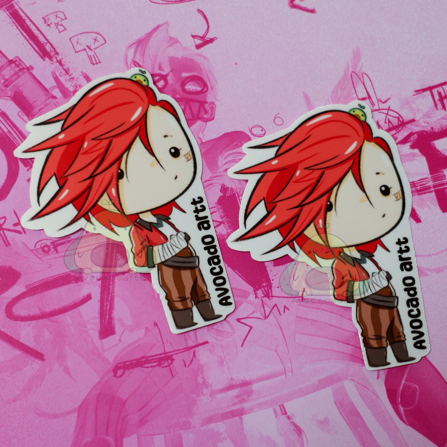 Illustrated sticker of Vi from Arcane, with a bold, fierce pose and vibrant colors. Handmade on waterproof vinyl. Made by Avocado Artt

