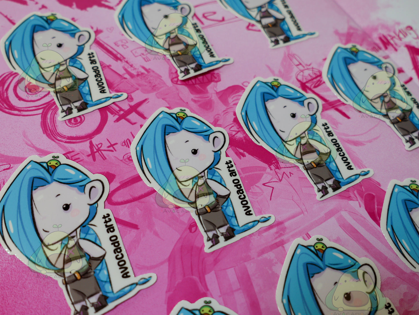 Handmade waterproof vinyl sticker of Jinx from Arcane, illustrated by Avocado Artt, featuring her signature pigtails, mischievous expression, and chaotic vibe