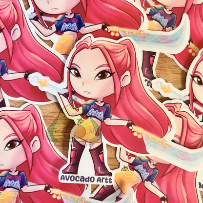 Handmade vinyl sticker of Mira from K-Pop Demon Hunters, illustrated by Avocado Artt, featuring Mira in a bold, idol-inspired outfit with dynamic pose and aesthetic detail.
