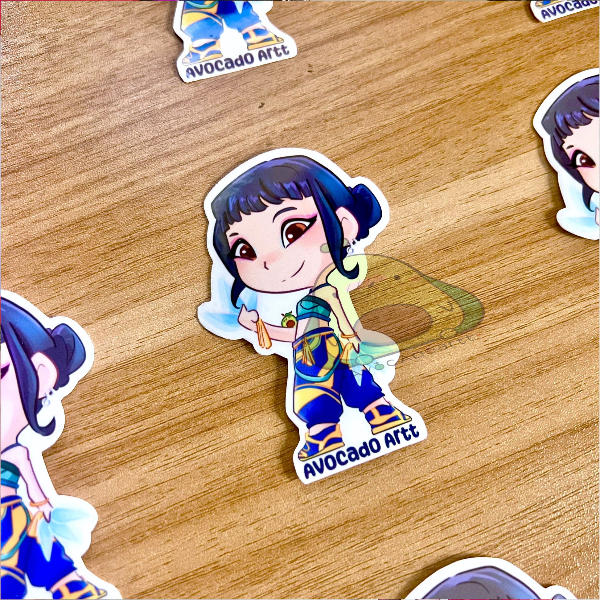 Handmade vinyl sticker of Zoey from K-Pop Demon Hunters, illustrated by Avocado Artt, featuring Zoey in a confident idol pose with detailed outfit and attitude