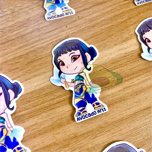Handmade vinyl sticker of Zoey from K-Pop Demon Hunters, illustrated by Avocado Artt, featuring Zoey in a confident idol pose with detailed outfit and attitude