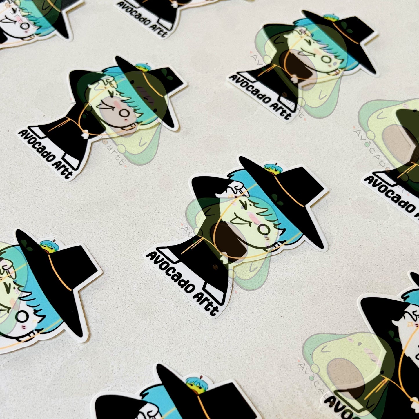 Stickers with a cartoon character wearing a hat and sunglasses on a light gray background.