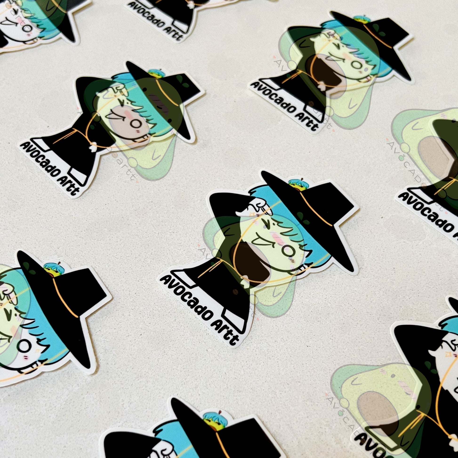 Stickers with a cartoon character wearing a hat and sunglasses on a light gray background.