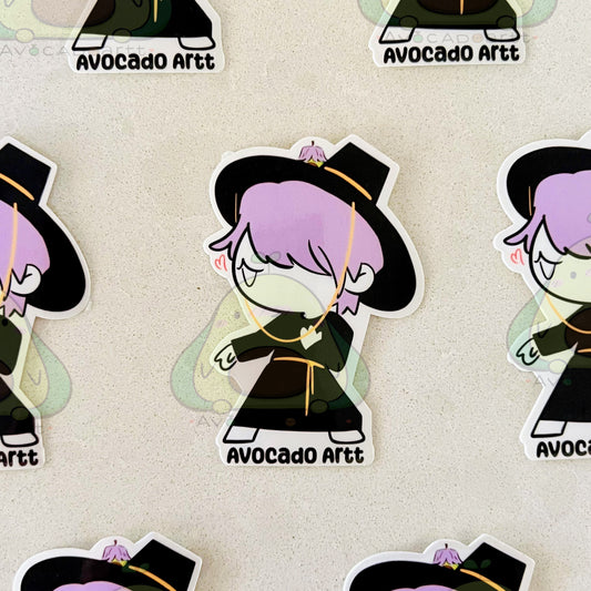 Stickers of a character with purple hair and a black outfit on a beige background.
