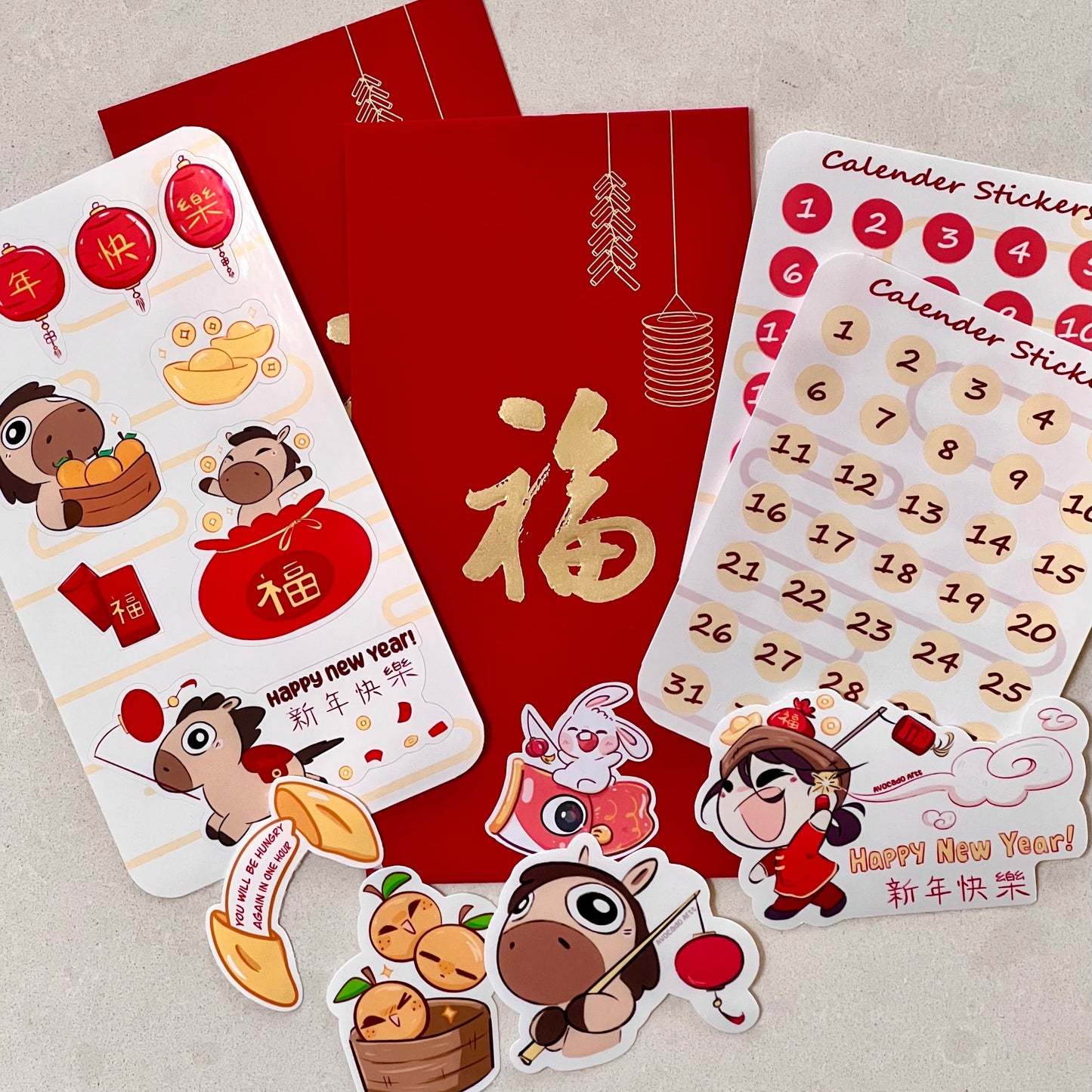 Set of Chinese New Year-themed stickers with cartoon characters and calendar stickers on a red background.