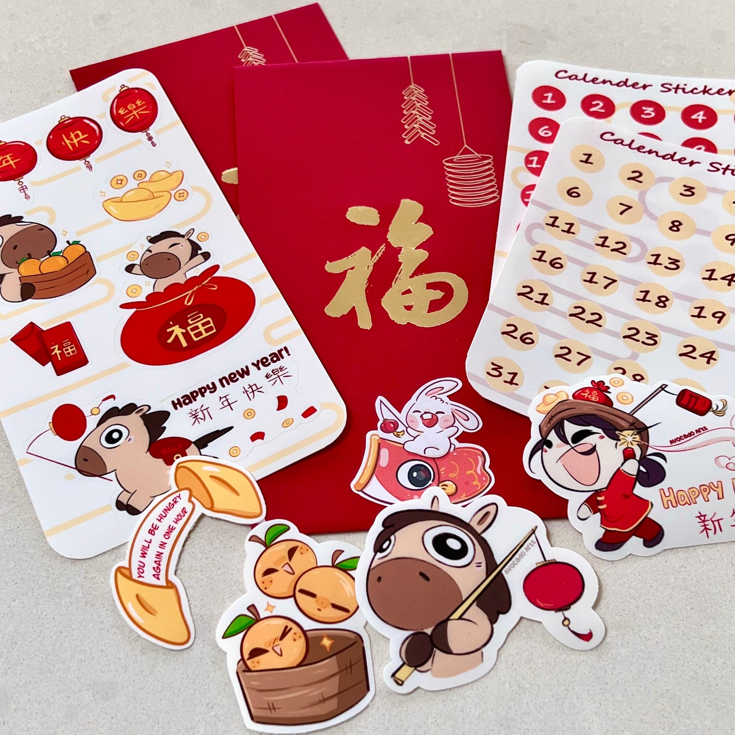 Cute animal-themed stickers with red envelopes on a light gray background