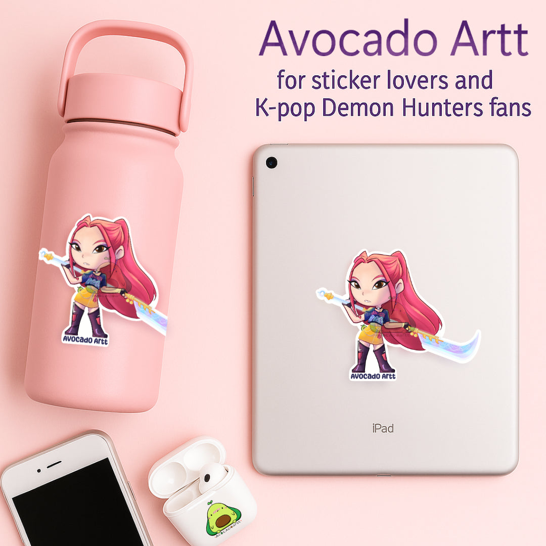 Handmade vinyl sticker of Mira from K-Pop Demon Hunters, illustrated by Avocado Artt, featuring Mira in a bold, idol-inspired outfit with dynamic pose and aesthetic detail.
