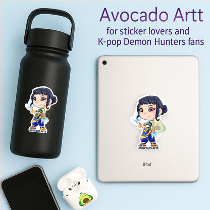 Handmade vinyl sticker of Zoey from K-Pop Demon Hunters, illustrated by Avocado Artt, featuring Zoey in a confident idol pose with detailed outfit and attitude