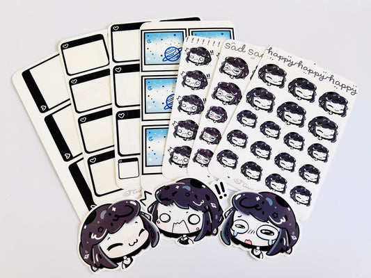 Black & White stickers: Planner stickers, Chibi stickers, Journal stickers, stationary, sticker sheet, die cut stickers, polaroid.