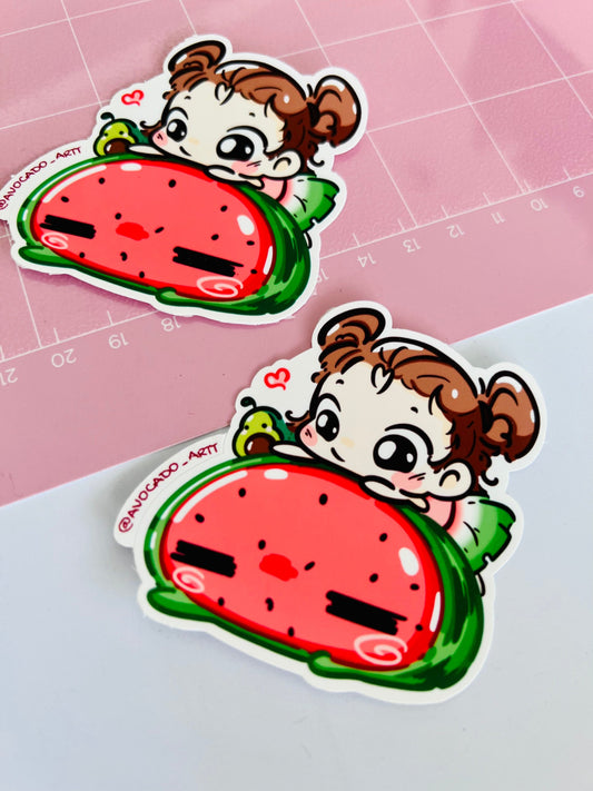 Cute Watermelon Chibi sticker: Kawaii, summer stickers, waterproof, die cut, water bottle sticker