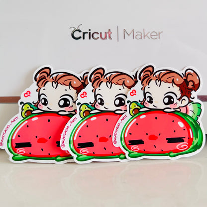 Cute Watermelon Chibi sticker: Kawaii, summer stickers, waterproof, die cut, water bottle sticker
