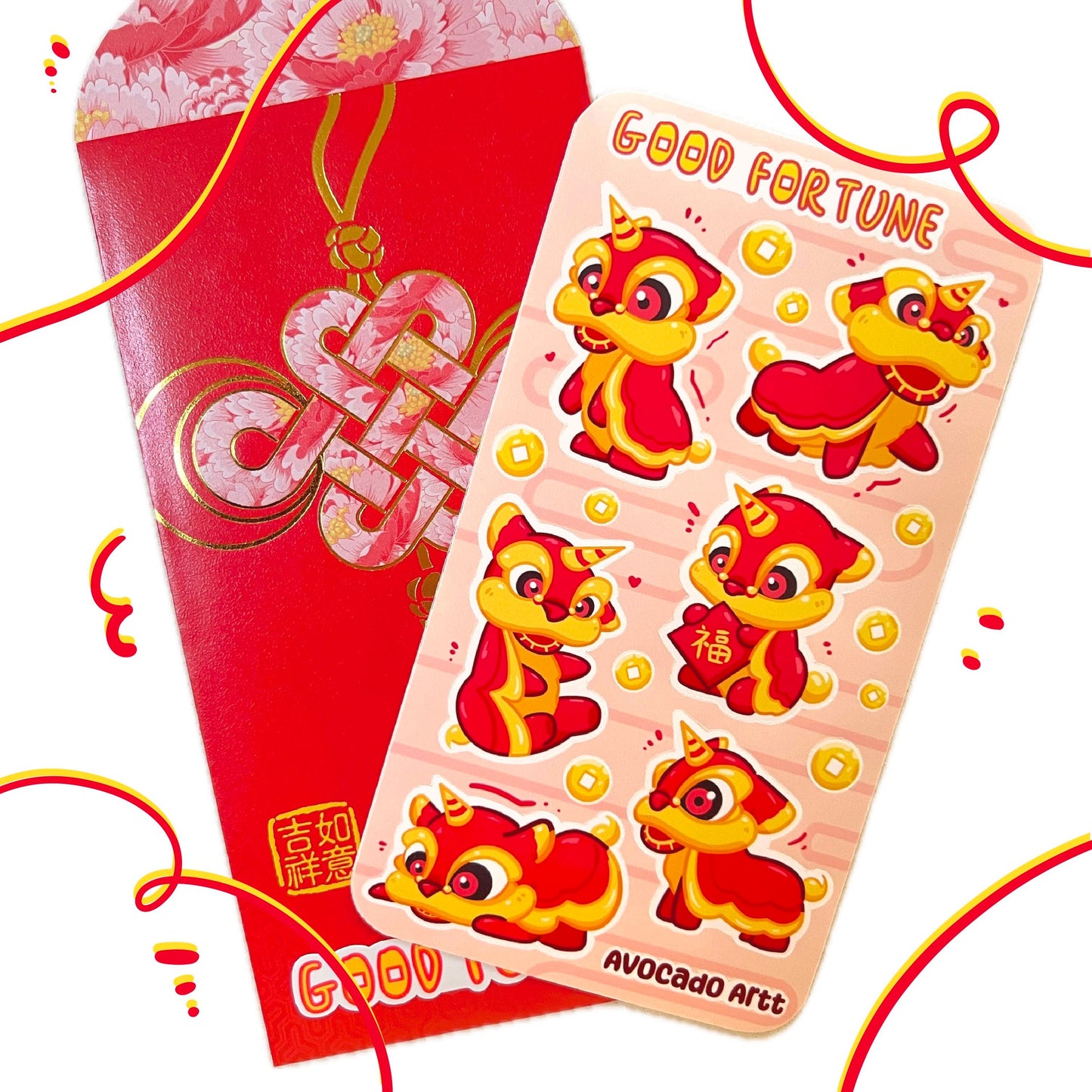2024 Lunar New Year Sticker Set – Red Envelope, Firecracker & Lucky Charms