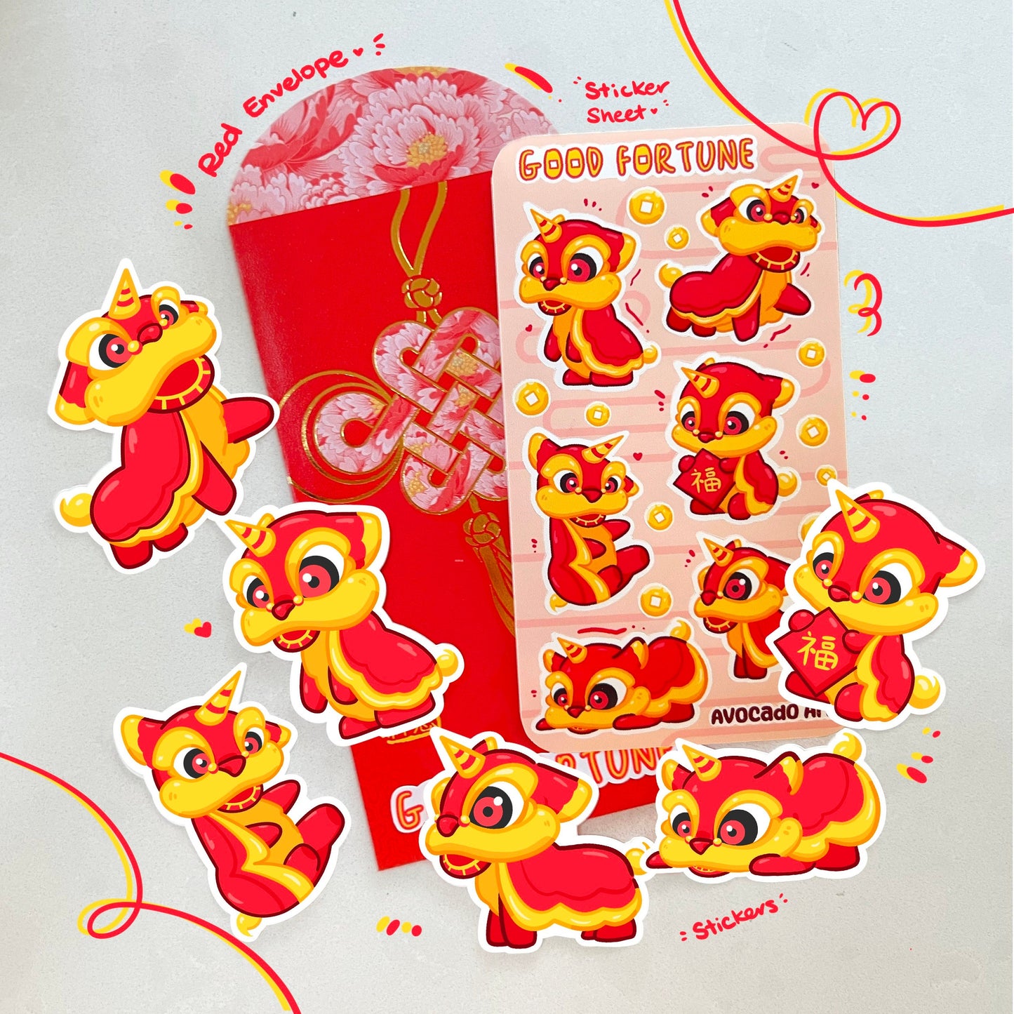 2024 Lunar New Year Sticker Set – Red Envelope, Firecracker & Lucky Charms